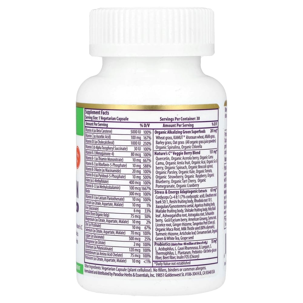 Paradise Herbs Earth's Blend One Daily Superfood Multivitamin with Iron, 30 Veggie Capsules