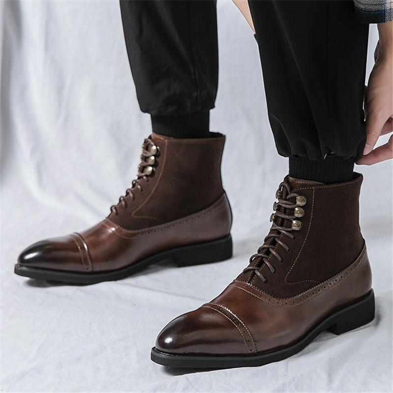 Classic Fashion Pointed Retro Suede Patchwork Lace Up Ankle Boots for Men Designer Botas Trend Casual High-top Motorcycle Shoes