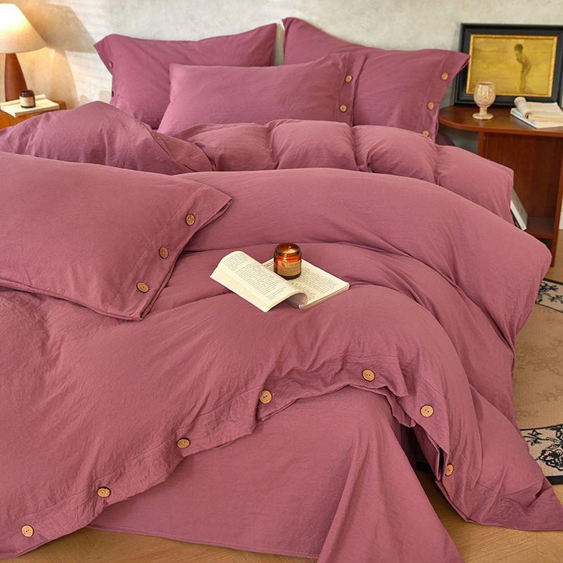 

Ins Bed Single Duvet Cover Four-Piece Set Pure Color Minimalist Pure Washed Cotton Full Cotton Pillowcase Single Duvet Cover Fitted Sheet Three Pieces Single pillowcase * 1 Coral Red-Silent Wind Button