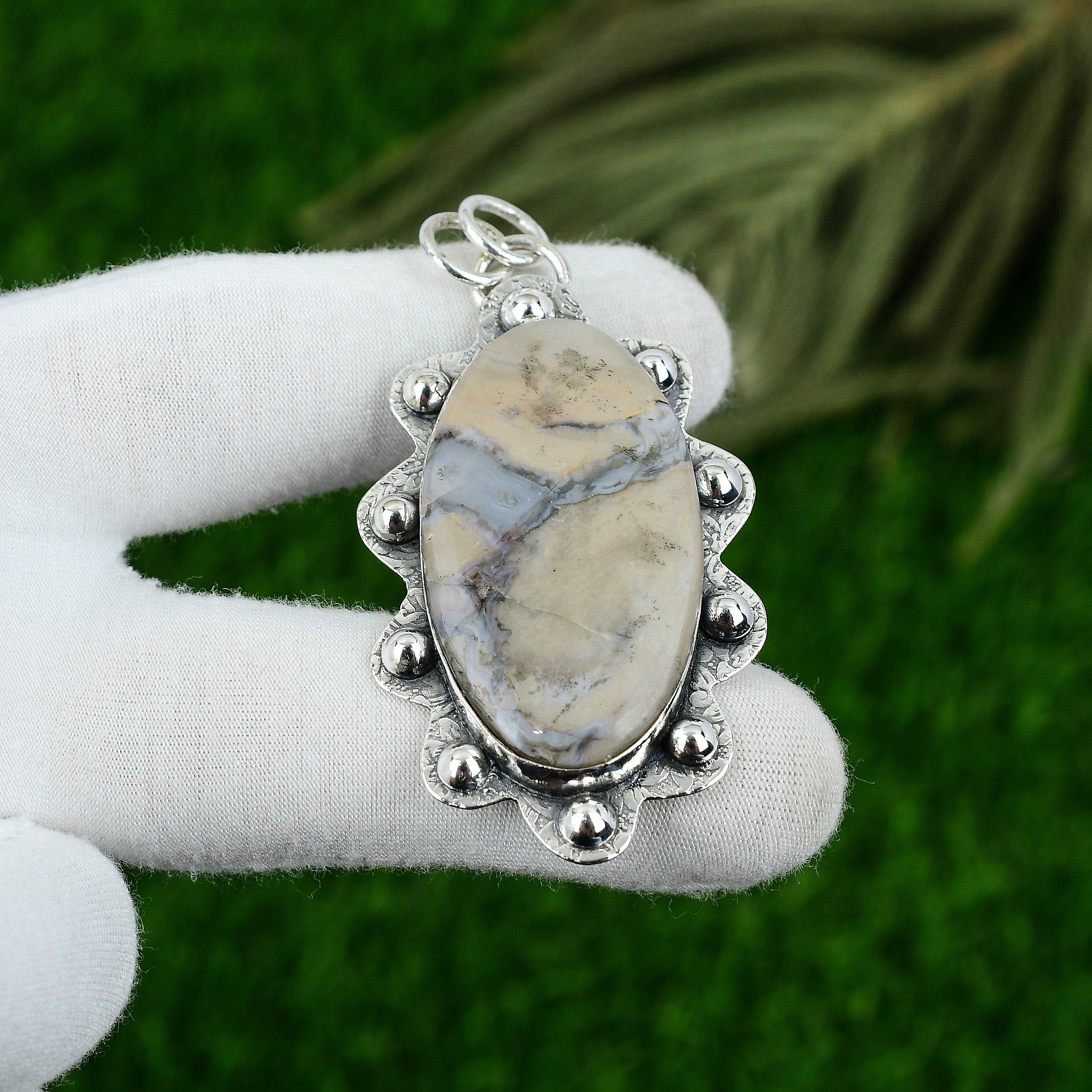 

Sterling Silver Oval Natural Ocean Fume Agate Birthday Bezel New Pendant Jewelry