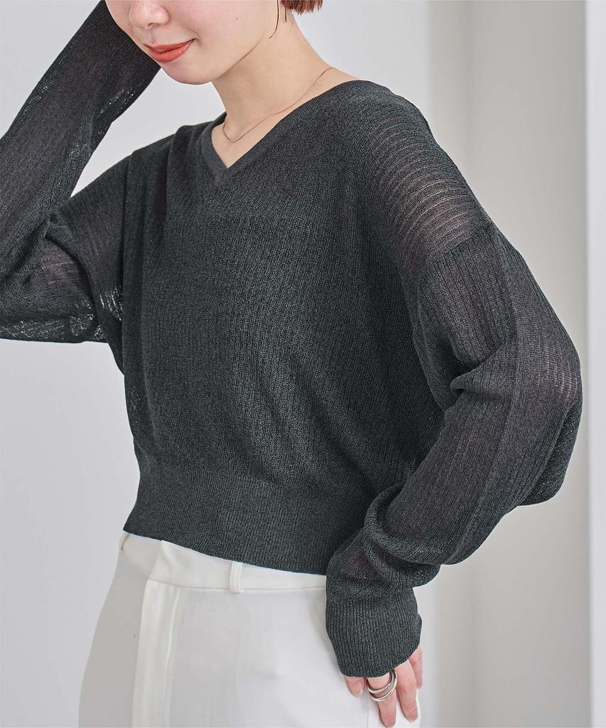 Yours Sheer Rib Knit BFXU1820 Medium Charcoal V-Neck Lamé Women's
