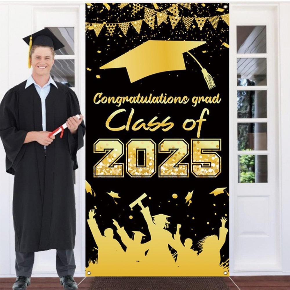 

Black Gold Graduates Theme Background Class of 2025 Porch Hanging Flag Studio Prop 90x180cm