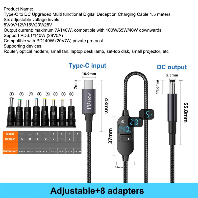 New USB C To DC Power Boost Cable Adjustable Voltage Adapter Connector Cord For Laptop Router PD140W /5V/9V/12V/15V/20V/28V