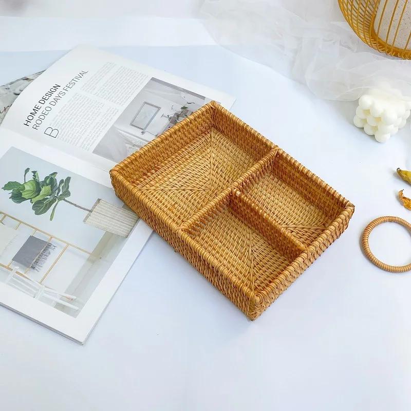 Autumn rattan woven dried fruit box candy box compartment organizer jewelry box rectangular creative living room storage basket