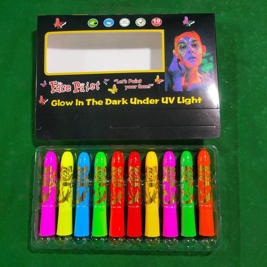 10-Color UV Face Paint Set for DIY Halloween & Cosplay – Washable, Luminous Crayons for Events and Parties