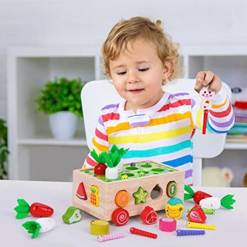 Montessori Spielzeug für 1 2 3 Jährige 7-in-1 Holz Kleinkindspielzeug Formensortierer Karotten Ernte Puzzle Pädagogisches Lernspielzeug Geschenke für Jungen Mädchen Kinder
