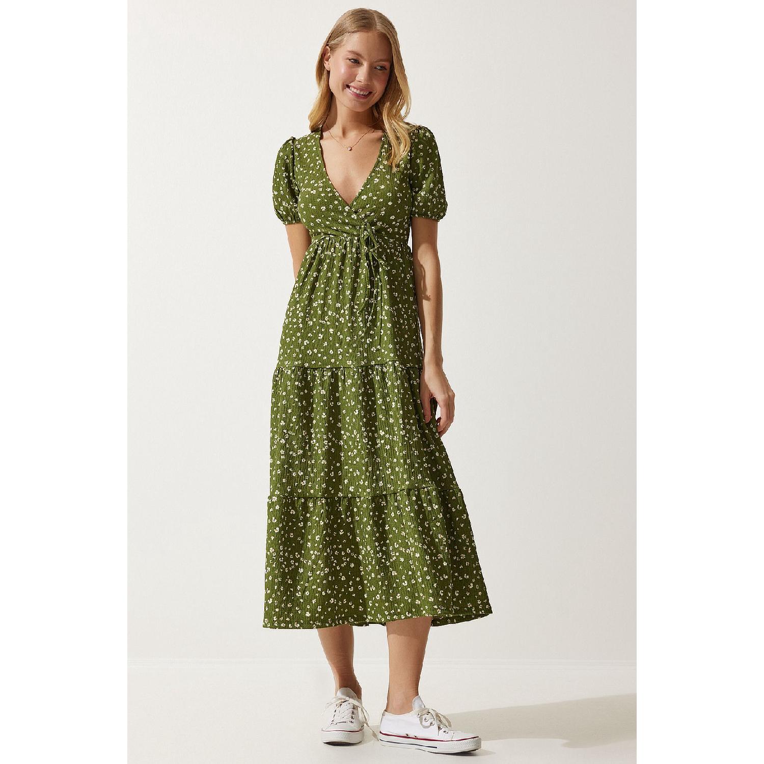 

Женское летнее вязаное платье цвета хаки с запахом и воротником ub00267 36 бездна