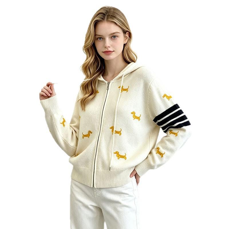 Womens Hooded Knit Cardigan Animal Embroidery Four Stripes Fall Winter Casual Outerwear