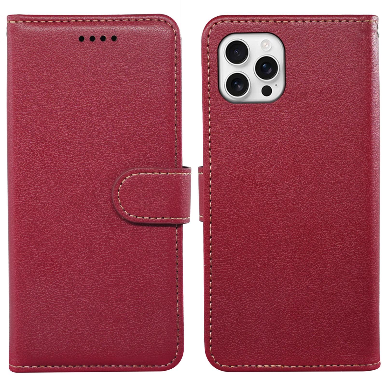 

For iPhone 15 Pro Max Case RFID Blocking Wallet Litchi Texture Leather Phone Cover Magnetic Clasp Red