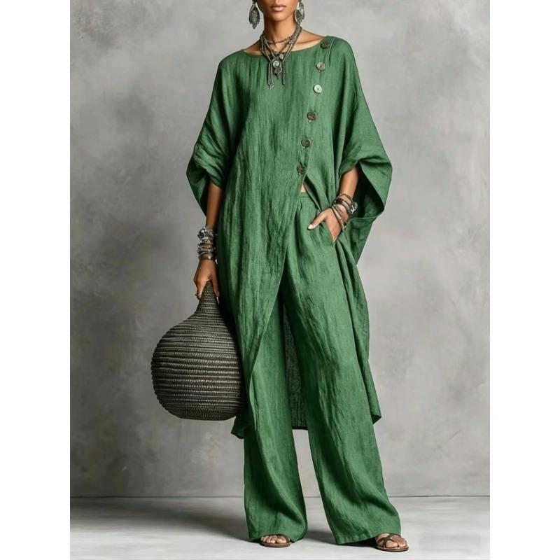 TIFICY Damen Mode Lässig Sommer Frühling Einfarbige Druck 3/4 Ärmel Rundhals Hosenanzüge