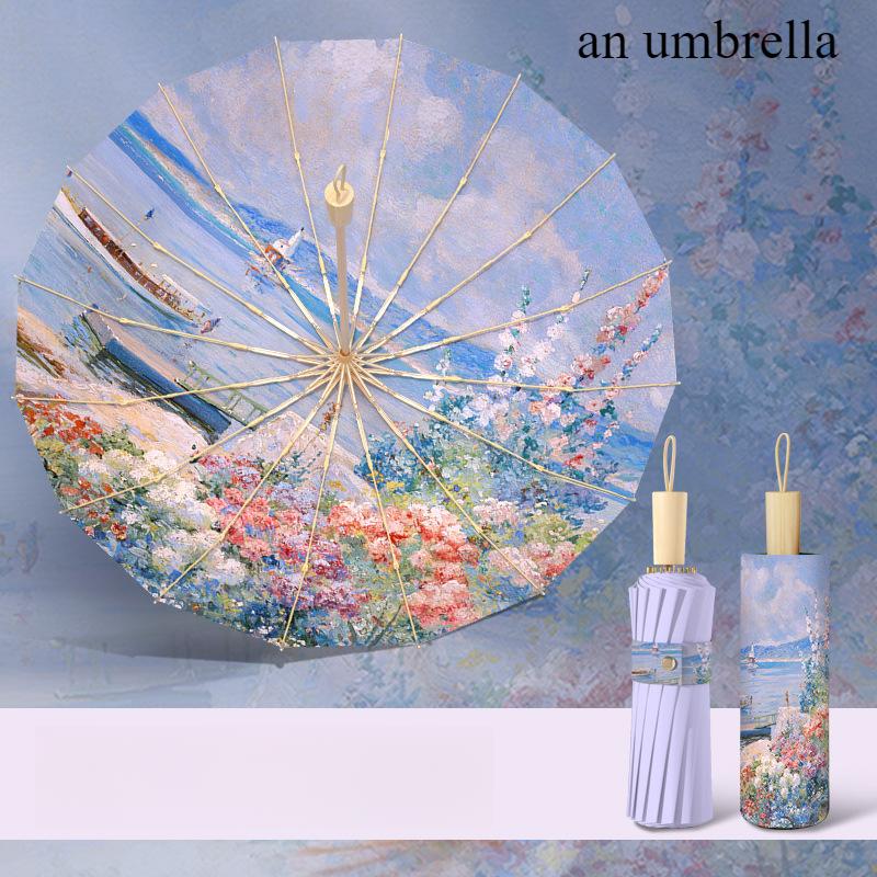 

1 шт. Солнцезащитный зонт с цветочным принтом UPF50+ Защита от УФ-лучей Компактный складной для использования в любую погоду Легкая жаккардовая ткань metal-fiber composite&16K