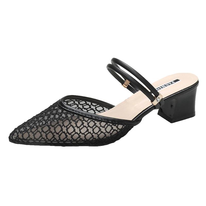 2026 New Sandals for Women Large Size Mid Heels Mesh Breathable Slippers Sexy Pointed Toe Versatile Outwear Solid Color Shoes
