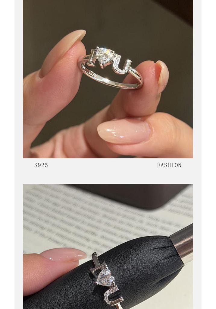 S925 Sterling Silver Heart Letter Adjustable Women's Ring