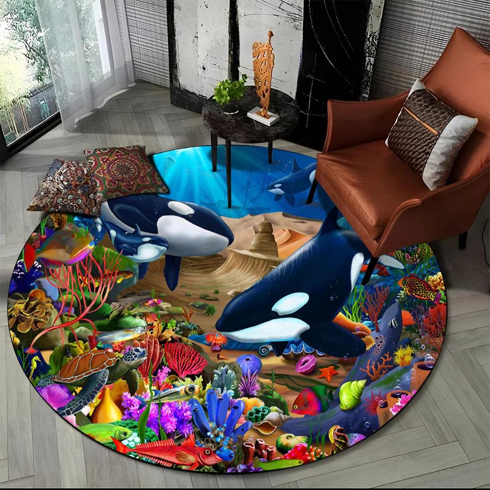 Underwater World Seabed Fish Dolphin Cartoon Round Carpet Rug for Living Room Bedroom Kids Decor,Pet Area Rug Non-slip Floor Mat