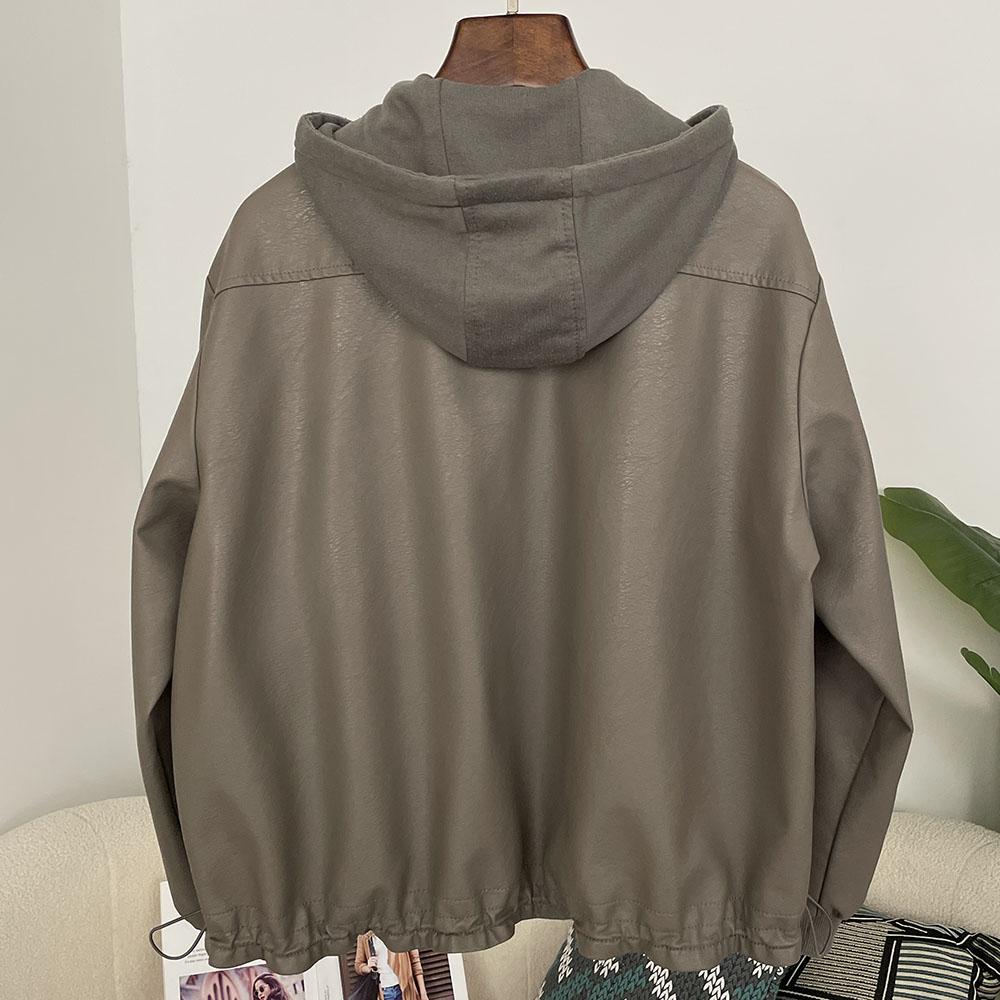 OFTBUY Damen Kapuzenjacke Vintage Locker Pu Kunstleder Hut Kurze Jacke Lässig Motorradjacke Damen Reißverschluss Retro Moto Biker Mantel Oberbekleidung Tops