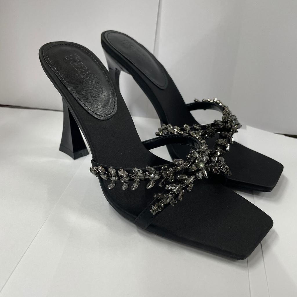 2025 Summer European and American Satin Thin Heel Cross Rhinestone Square Head Open-toed Sandals Women's High-heeled Slippers Fashionable and Sexy