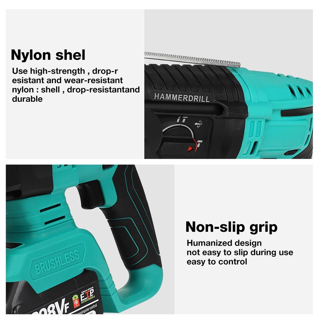 1400/min Brushless Cordless Rotary Hammer Drill 1/2 Batteries Rechargeable Electric Hammer Impact Drill for 18V Battery Green New 13.4x8.7""