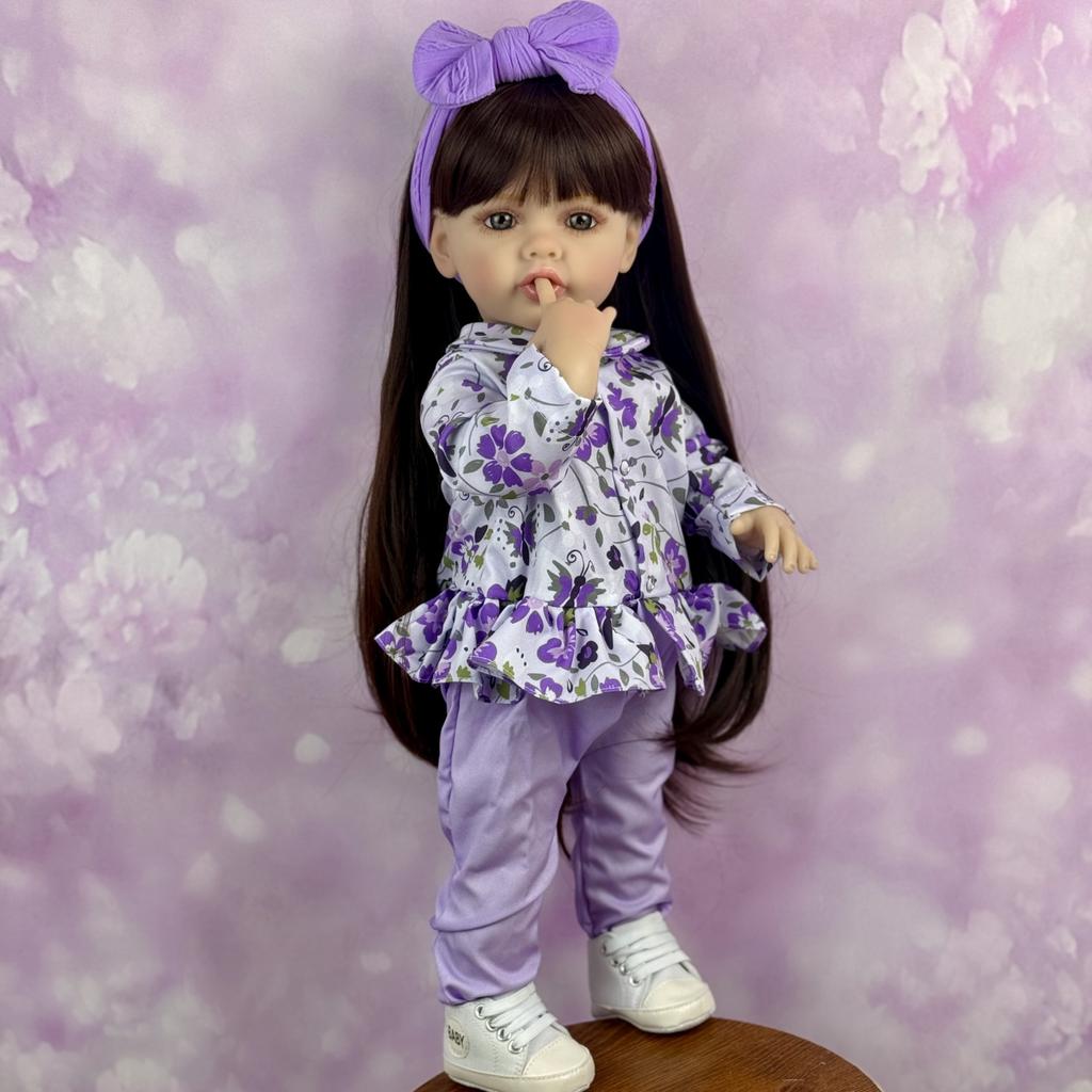 BZDOLL 55 CM 22inch Full Vinyl Body Reborn Baby Doll For Girl Dress Up Black Long Hair Princess Toddler Dolls Lifelike Handmade Birthday Gift Bath Toy