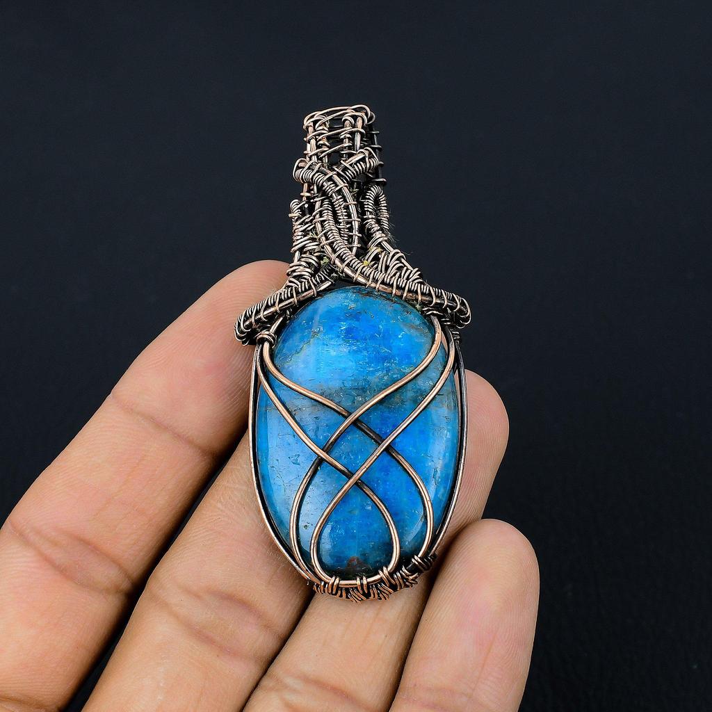 Neon Blue Apatite Gemstone Pendant 999 Copper Wire Wrapped Jewelry, Handmade Antique Pendant Jewelry, Gift For Mother