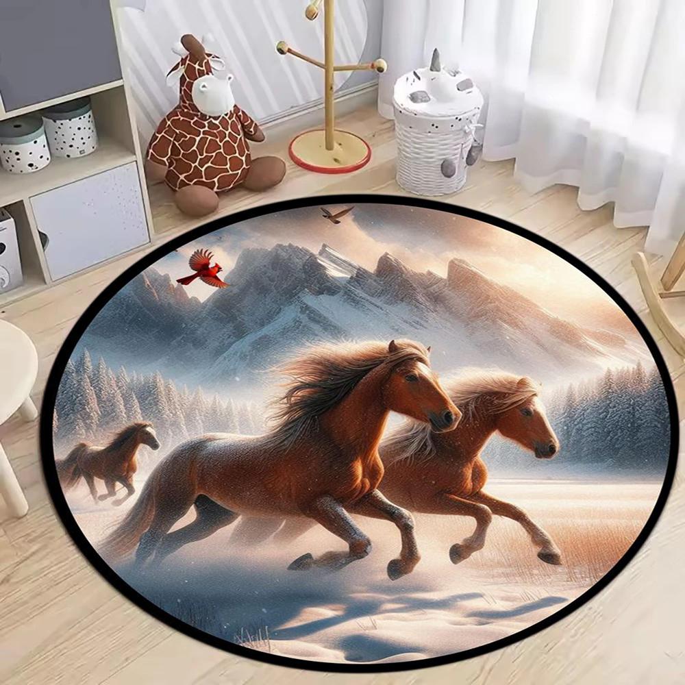 3D Dynamic Galloping Horses Round Rug Black Brown Beige Equestrian Print Soft Floor Mat for Living Room Bedroom Home Decor