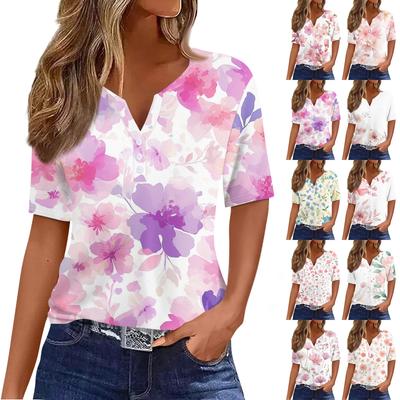 Women's T Shirt Print Button Short Sleeve Daily Weekend Fashion Basic V-Neck Regular Top
