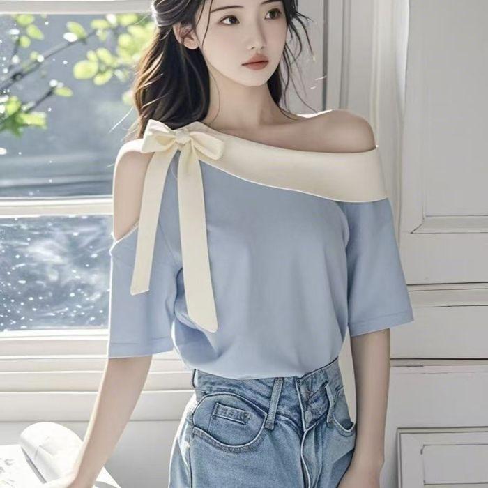 

Новая футболка в китайском стиле с косым вырезом горловины и топом, открывающим плечо, который скрывает фигуру one size синий