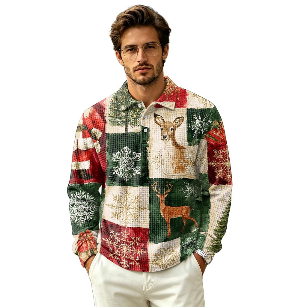 Men's Fall Casual Outdoor Pullover, Long Sleeve Collared Top with Pocket and Christmas Print