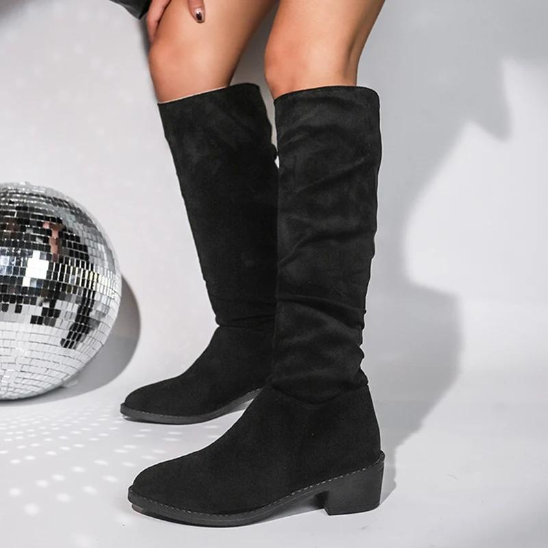 

Ретро-сапоги в стиле вестерн женские осенние из искусственной замши на толстом каблуке длинные сапоги женские большого размера 43 с острым носком ковбойские Botas 43 43