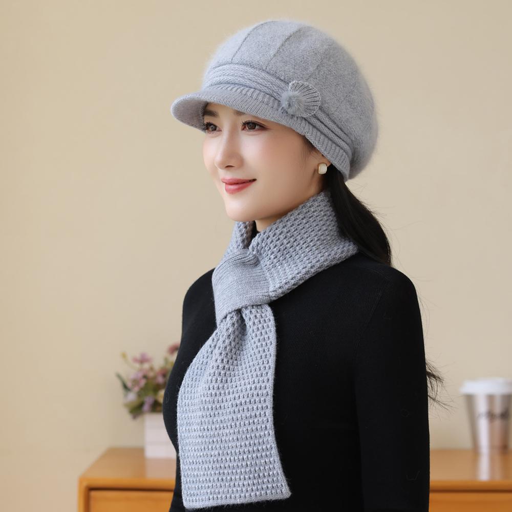 New Women Fashion Winter Warm Suit Female Dandy Hats For Women Casual Rabbit Fur Blend Knit Hat Winter Warm Cap Set
