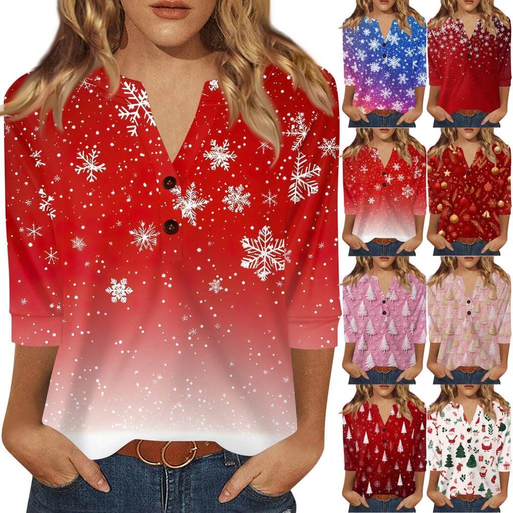 Women's T Shirt Christmas Print Button 3/4 Sleeve Daily Weekend Fashion Basic V- Neck Regular Top