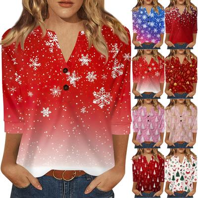 Women's T Shirt Christmas Print Button 3/4 Sleeve Daily Weekend Fashion Basic V- Neck Regular Top