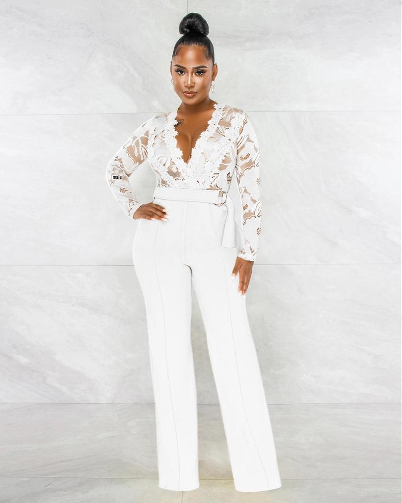 Elegant V-Neck Lace Slim Fit See-Through Jumpsuit