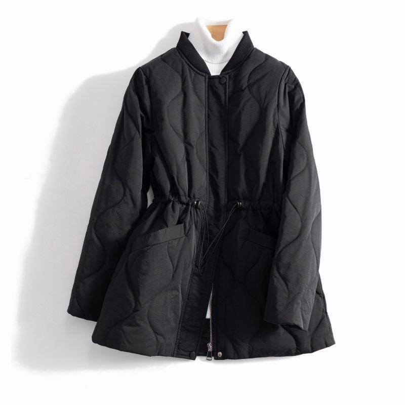 Korean Mid-Length Lightweight Cotton Padded Jacket Women Casual Drawstring Waist Fashion Quilted Coat Elegant Warm Winter Parkas