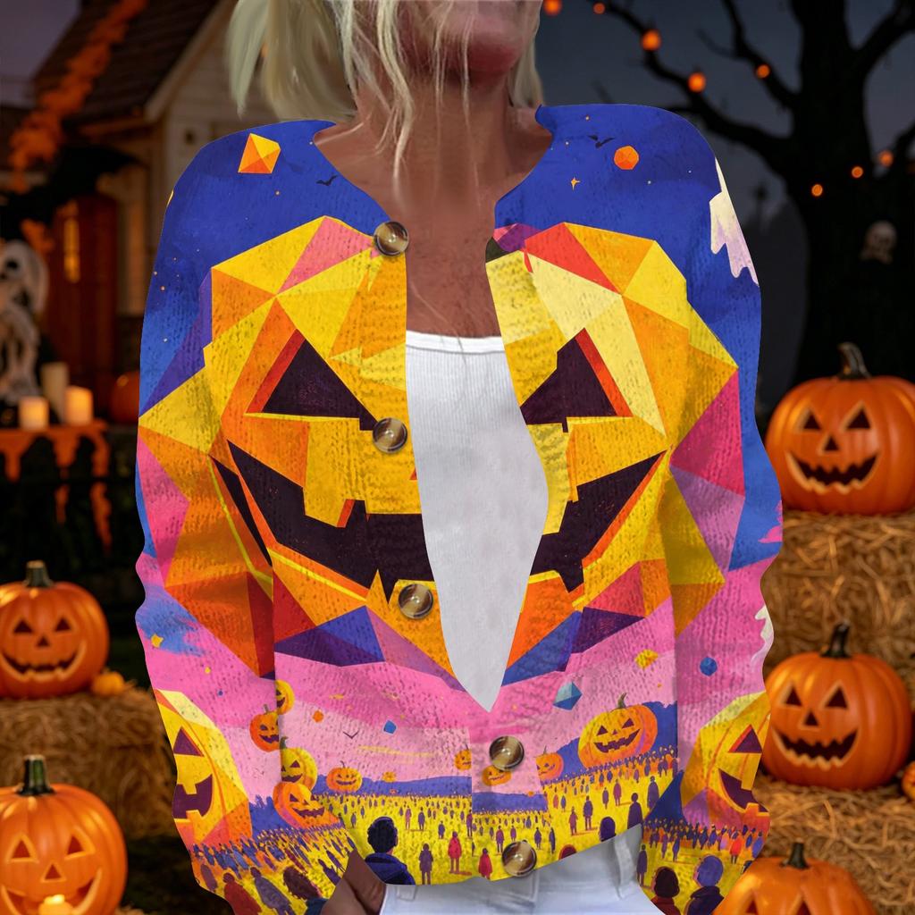 Women's Halloween Long Sleeve Knit Cardigan Button Up Sweater Skeleton and Pumpkin Musical Print Lightweight Outerwear for Fall and Winter