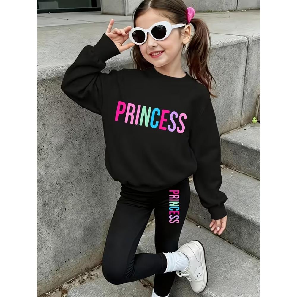 Girls' Princess Letter Casual Comfortable Soft Loose Pullover Sweatshirt and Leggings 2-Piece Set, New Autumn/Winter, Playful, Sweet and Cool Style