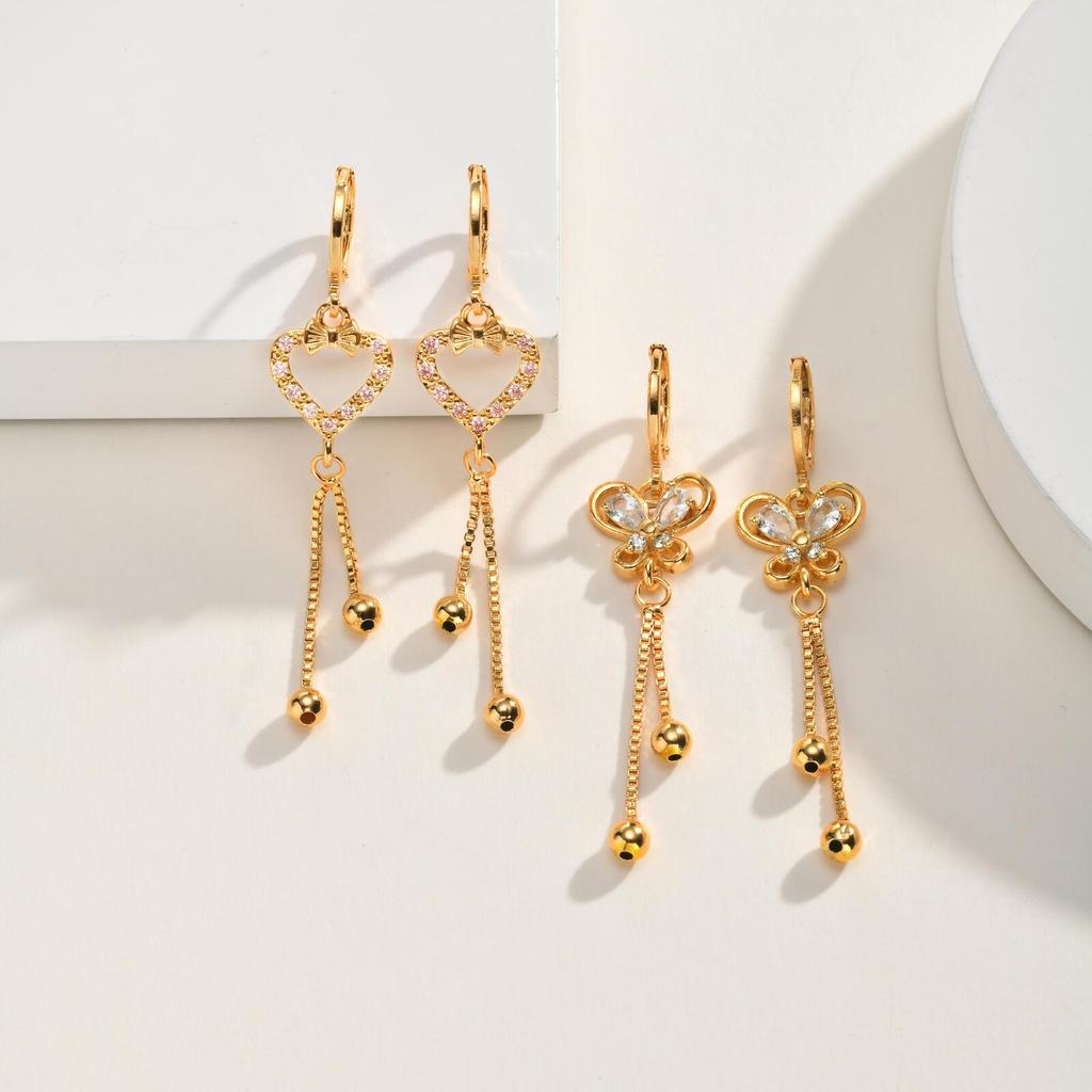 Gold Color Heart Butterfly Drop Earrings for Women Zircon Tassel Ball Hoop Party Wedding Gift Trendy Statement Earrings