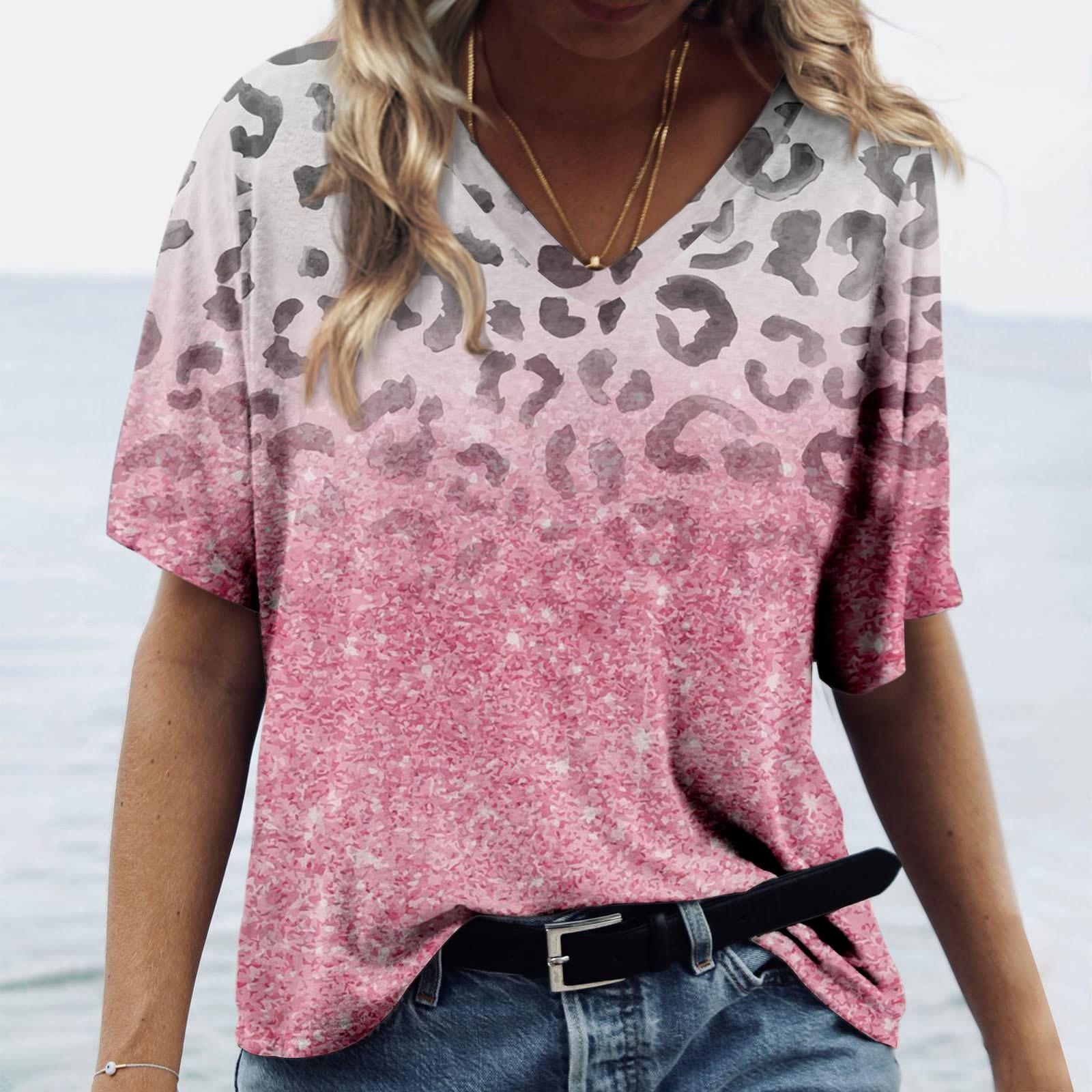 

Женская модная повседневная футболка с v-образным вырезом и короткими рукавами с принтом L розовый