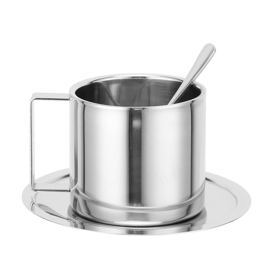 Kaffeetasse Edelstahl Doppelschicht Isolierung Milchbecher mit Löffel Untertasse Haushalt(Silber 180ML)