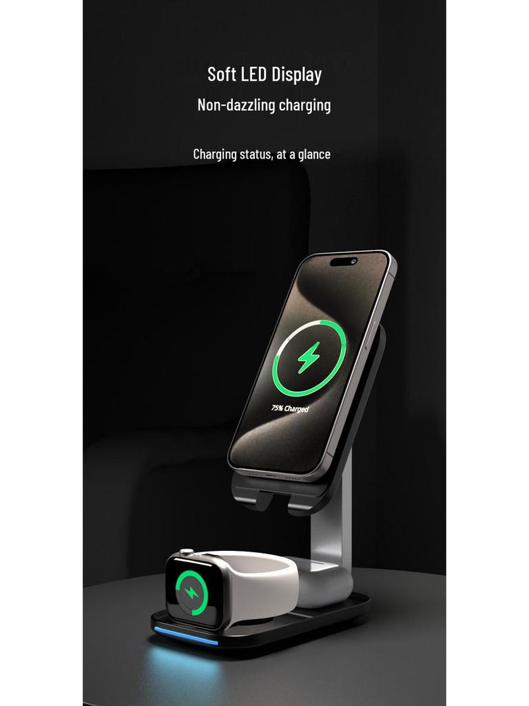 Foldable 3-in-1 Wireless Charger Stand with Magnetic Mount for Apple Devices