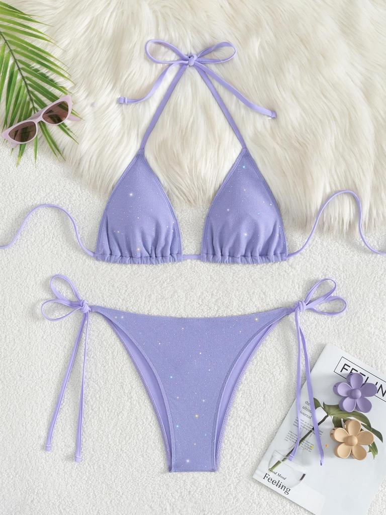 Costume da bagno da donna Tinta unita Triangolo Borsa Cravatta Paillettes Costume da bagno bikini sexy Costumi da bagno da spiaggia