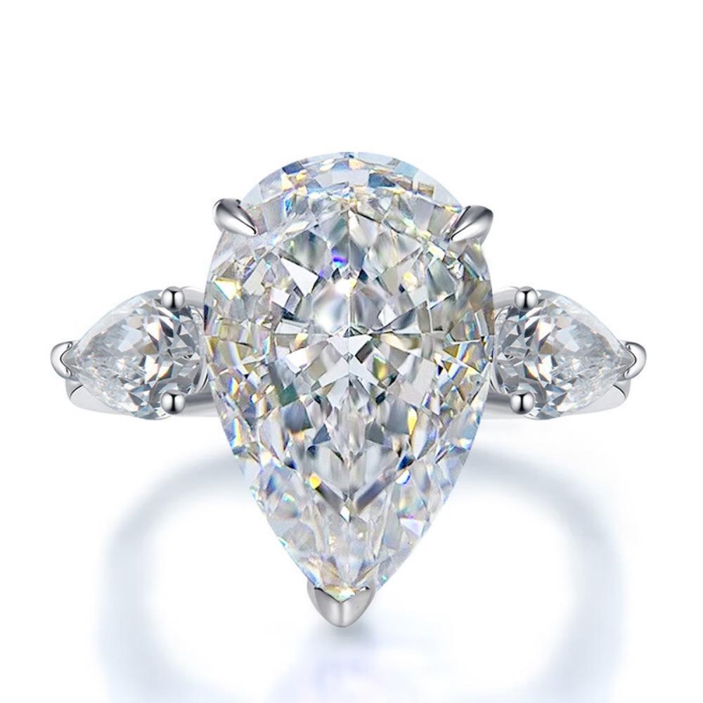 Pear Shaped Moissanite Three Stone Open Ring with CZ for Women Opening adjustable платиновый