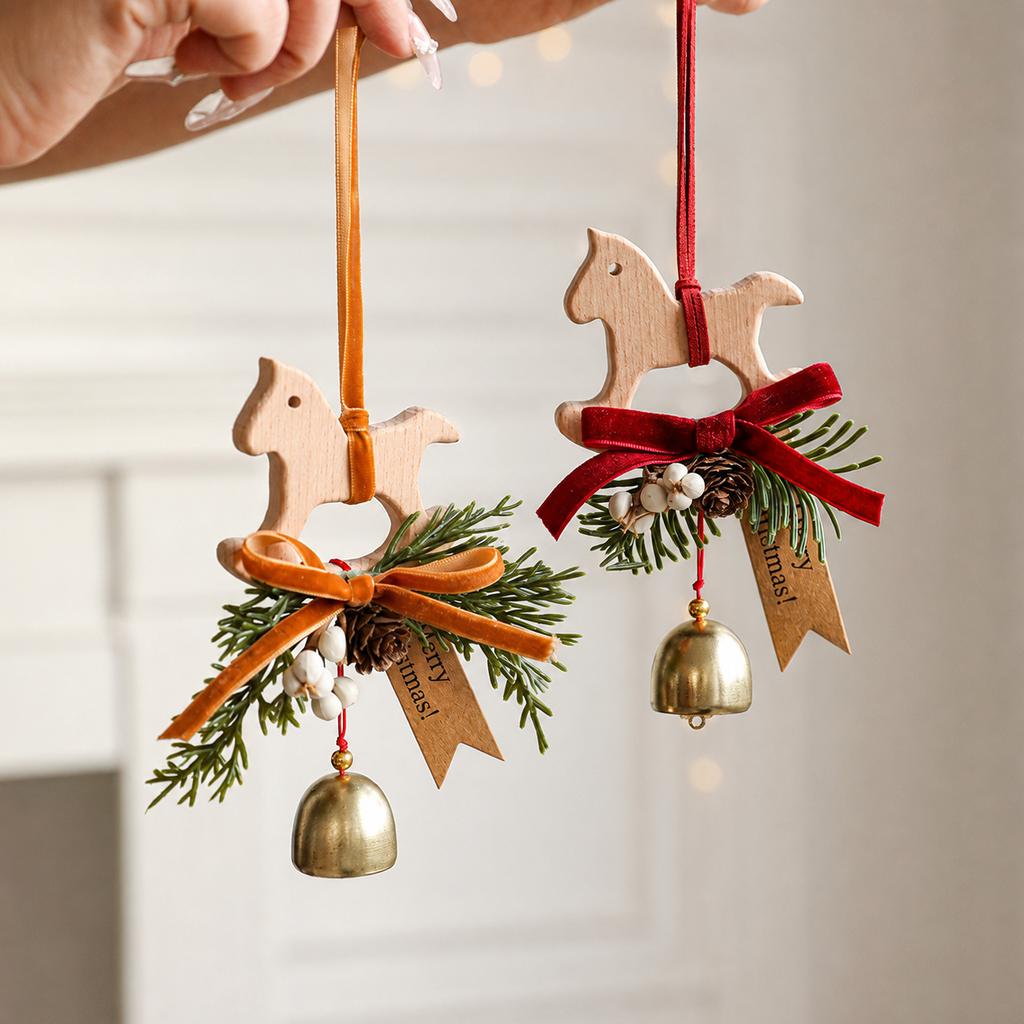 Rocking Horse Bell Ornament Compact Wooden Rocking Horse Ornament Door Wall Hanging Ornament Christmas Themed For Door Festive