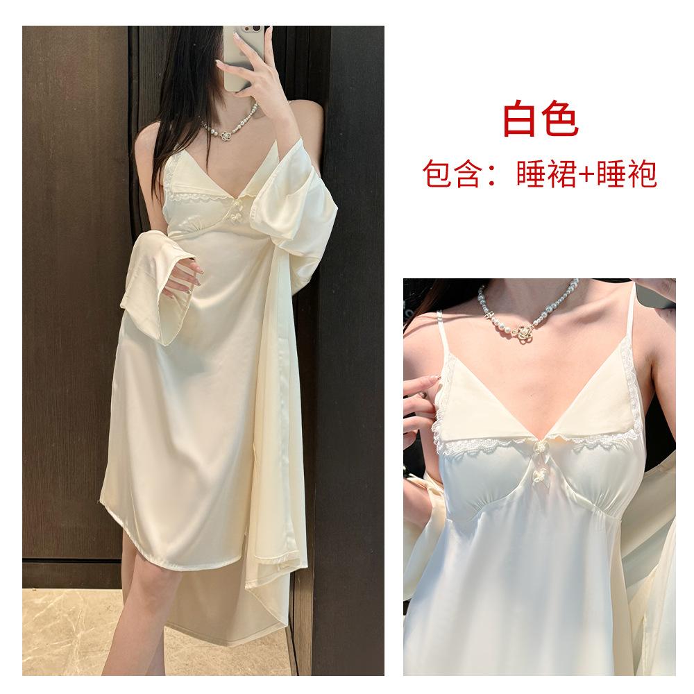 Ice Silk Suspender Nightdress Women's Summer Sexy Pure Lust Girl Loungewear Suit with Chest Pad Silk Pajamas Spring and Summer