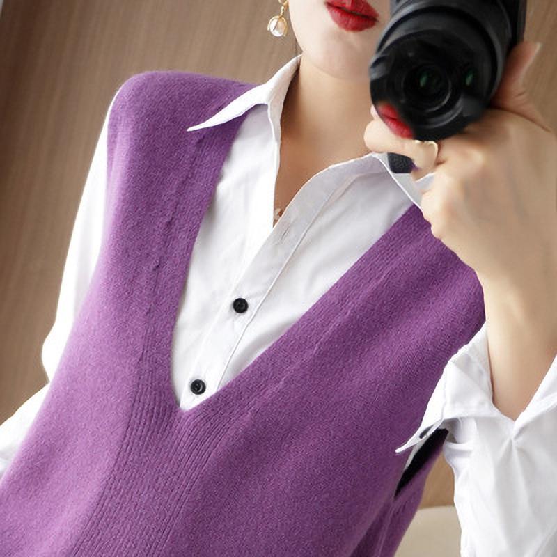 Colete Tricotado Primavera Verão Feminino Gola V Sem Mangas Pulôver Moda Solto Fino Peça Externa Outono Inverno