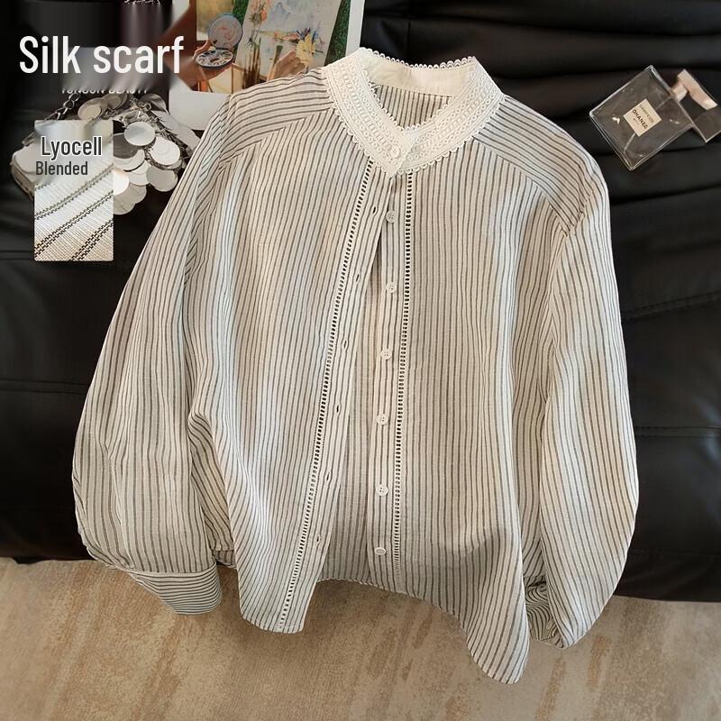 Women s Fresh Striped Linen Blend Drop-Shoulder Shirt L