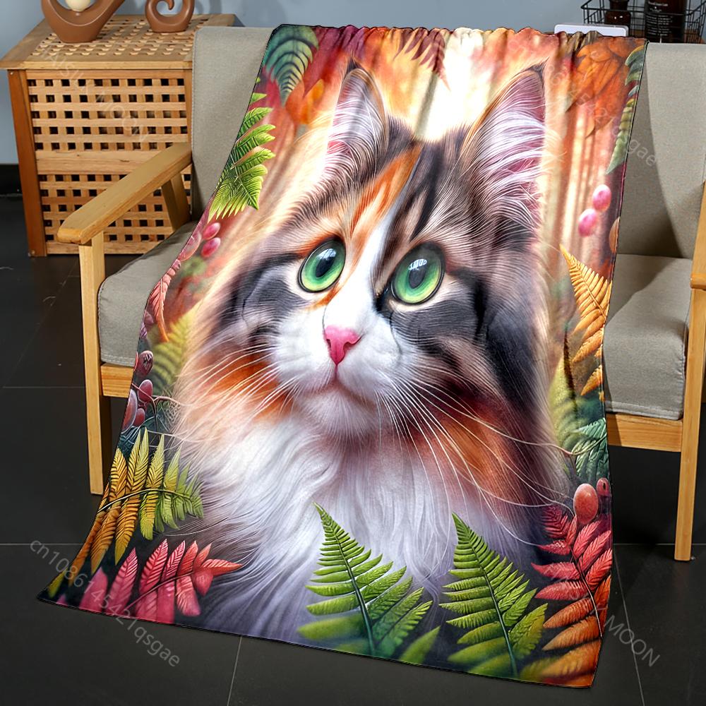 Calico Cat Surrounded By Leaves. Pattern Blanket Flannel Material Soft Warm for All Seasons, Home Outdoor Camping Picnics RV