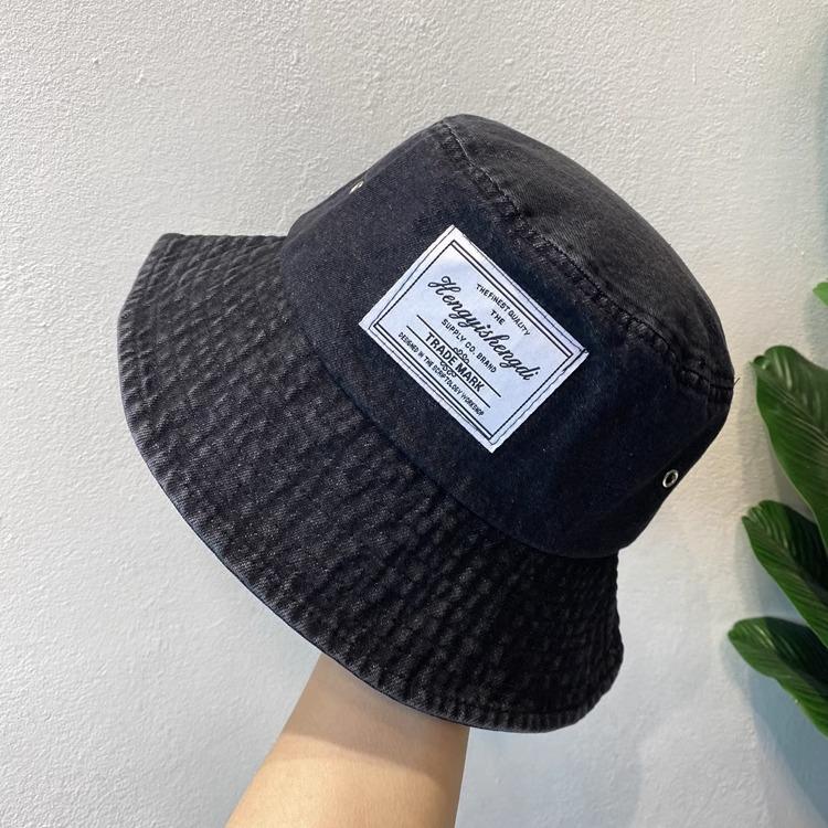 Koreanische und japanische vielseitige Denim-Patch-Fischerhut Frühling und Sommer Retro Hongkong-Stil Street Sonnenschutz Topfhut Damen M（56-58cm） black