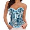 Vintage Floral Brocade Corset Top for Women, Elegant Strapless Bustier with Lace Trim and Ribbon Bow, Blue S-XXL