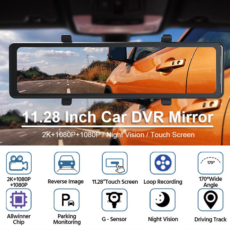 E-ACE 2.5K Car Dvr with WIFI, GPS, 3 cameras and 12 - Inch IPS Touch Screen is a Mirror Dash Cam Video Recorder with Night Vision.