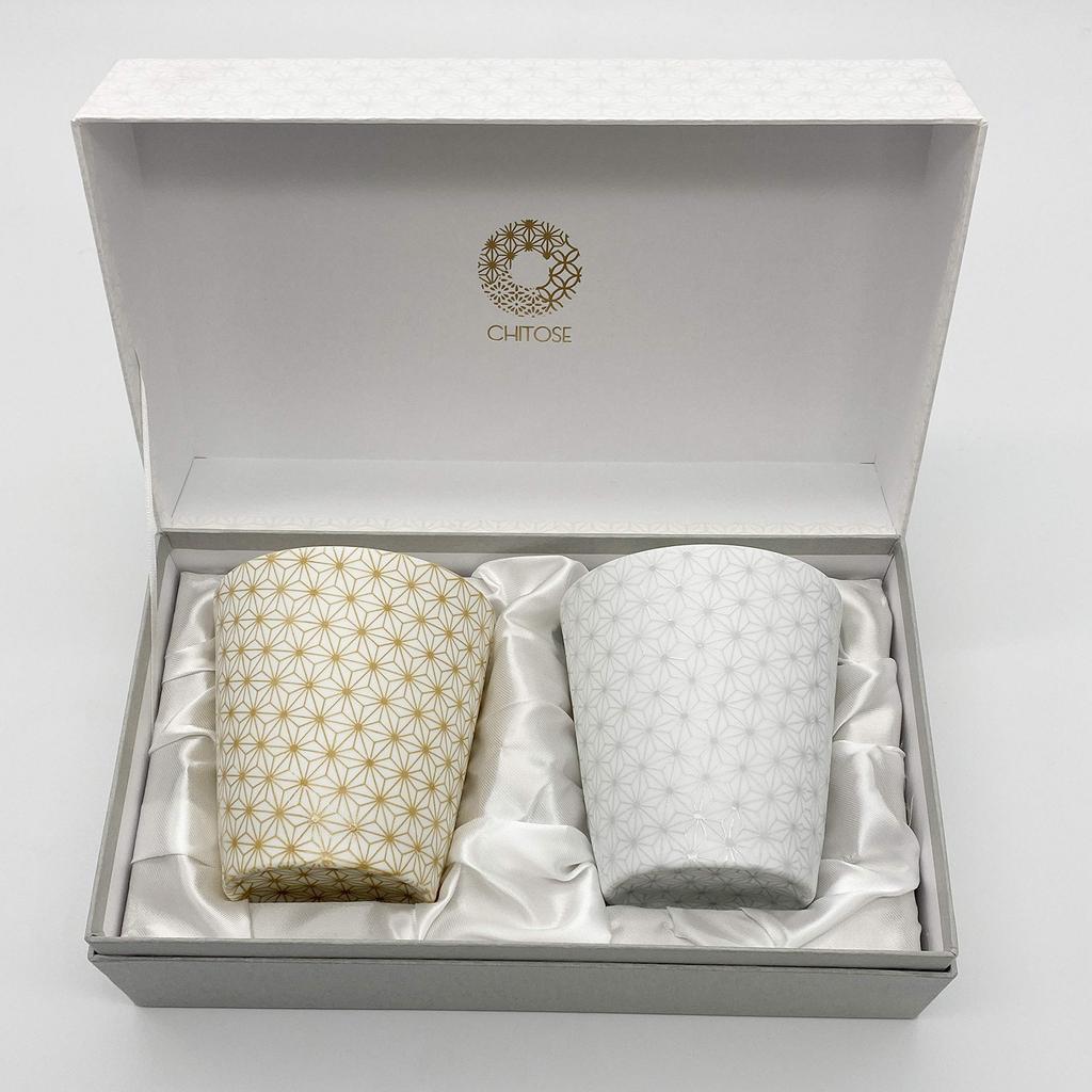Dolce Duo Pair of Glass Cups with Traditional Japanese Hemp Leaf Gift Set Pattern, Lightweight, Design, 390ml, (CS-1526)